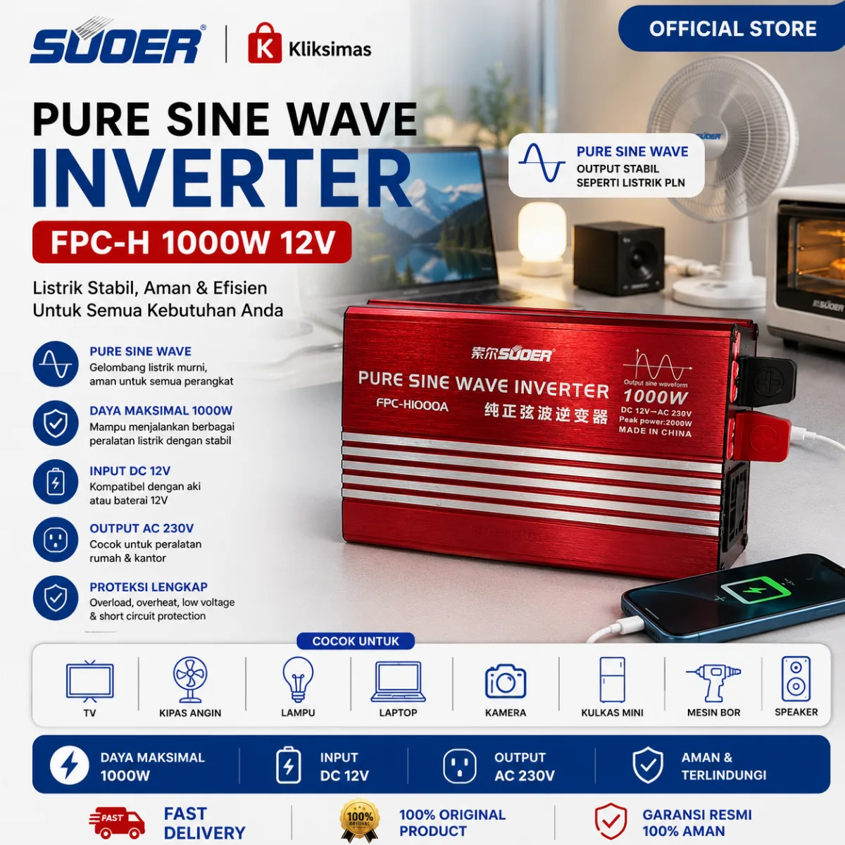 SUOER INVERTER FPC-H 1000 WATT 12 VOLT PURE SINE WAVE