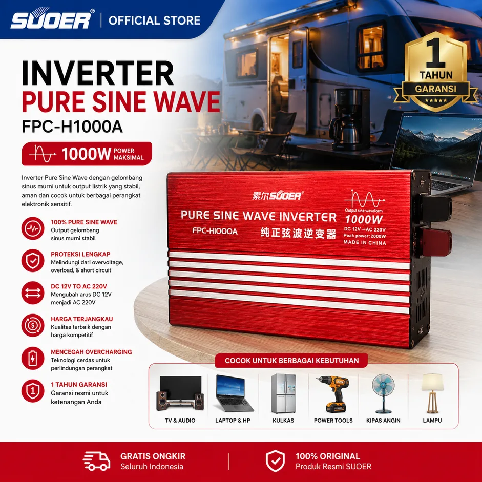 SUOER INVERTER FPC-H 1000 WATT 12 VOLT PURE SINE WAVE