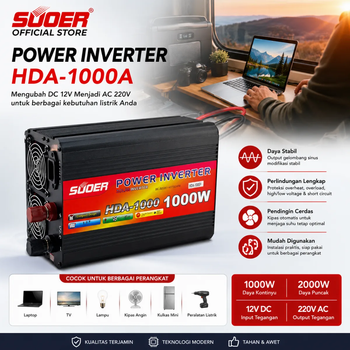SUOER Inverter HDA Pure Sine Wave dengan Charger Otomatis & UP