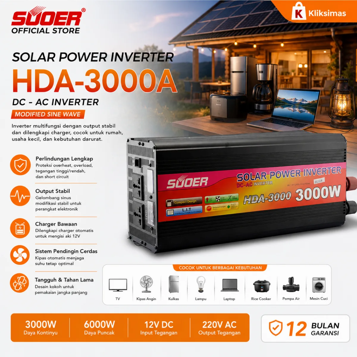 SUOER INVERTER HDA 3000 WATT MODIFIED SINE WAVE (CHARGER)