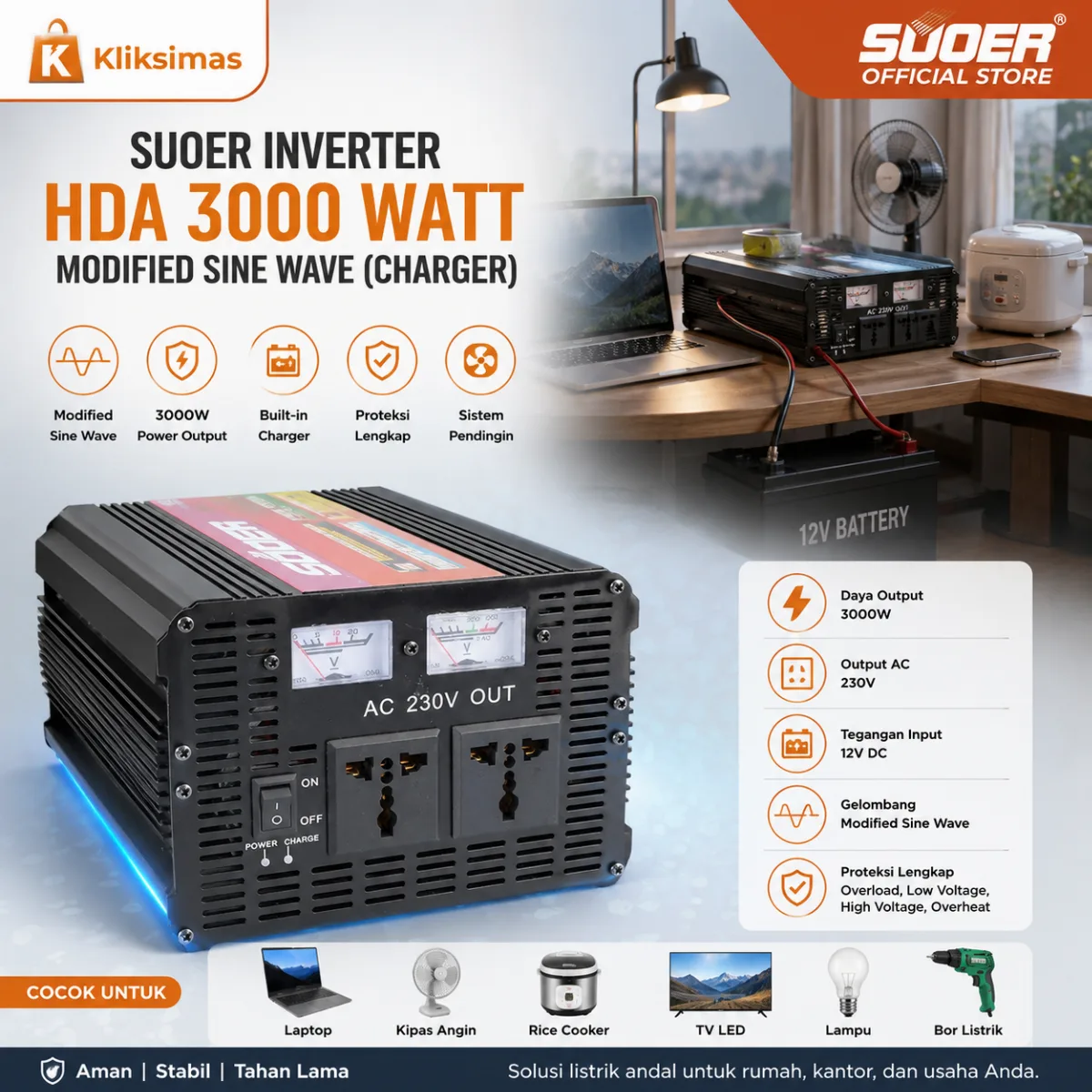 SUOER INVERTER HDA 3000 WATT MODIFIED SINE WAVE (CHARGER)