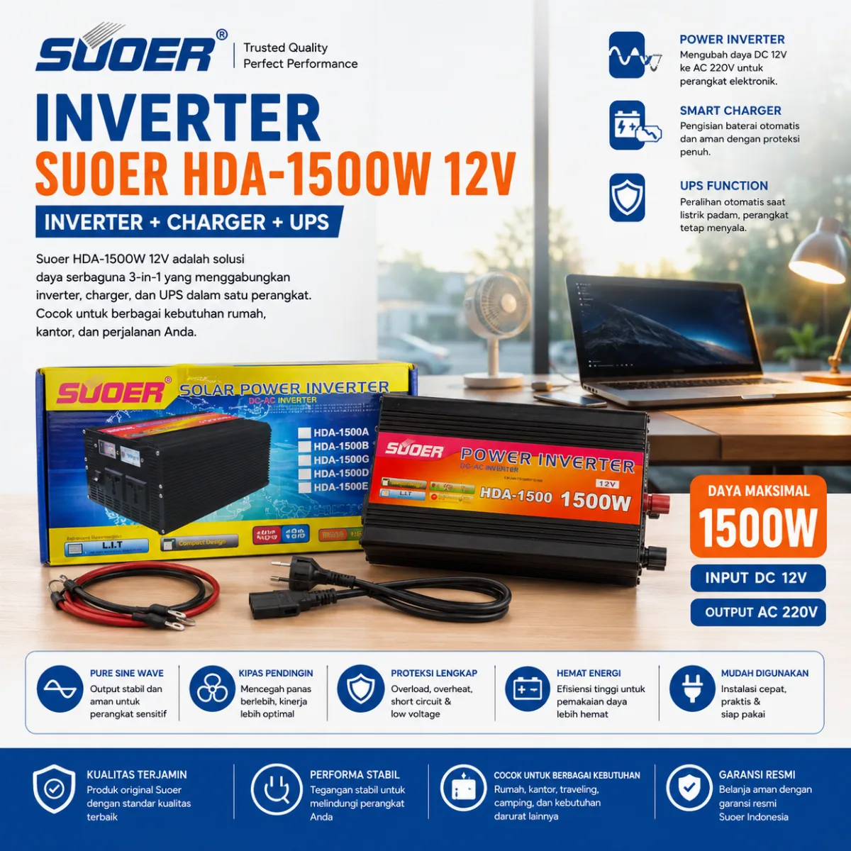 SUOER INVERTER HDA-1500W 12V + CHARGER + UPS