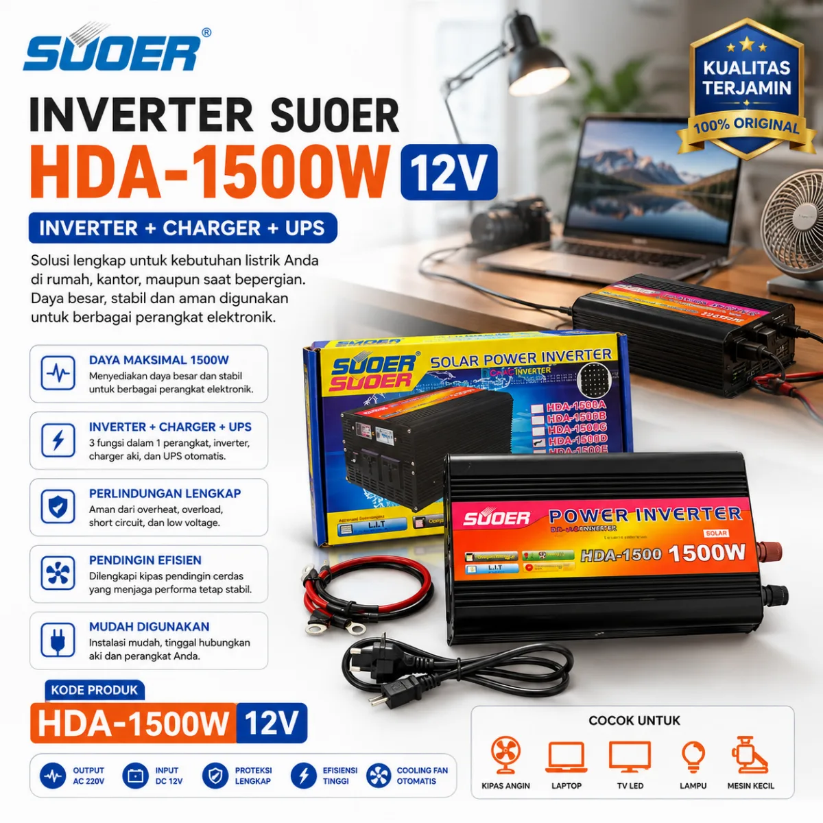 SUOER INVERTER HDA-1500W 12V + CHARGER + UPS