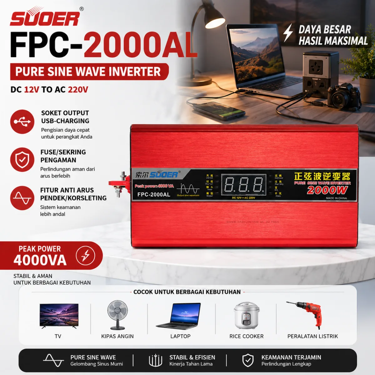 INVENTER FPC-2000AL 12V PURE SINE WAVE (DISPALY)