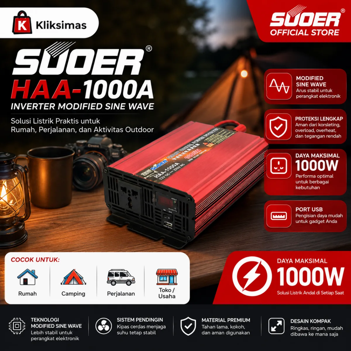 SUOER INVERTER HAA 1000 WATT MODIFIED SINE WAVE