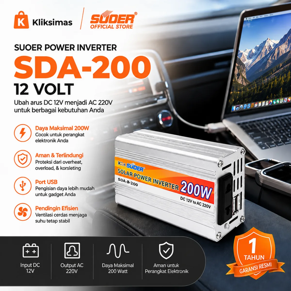 SUOER Power Inverter SDA-200 12 Volt