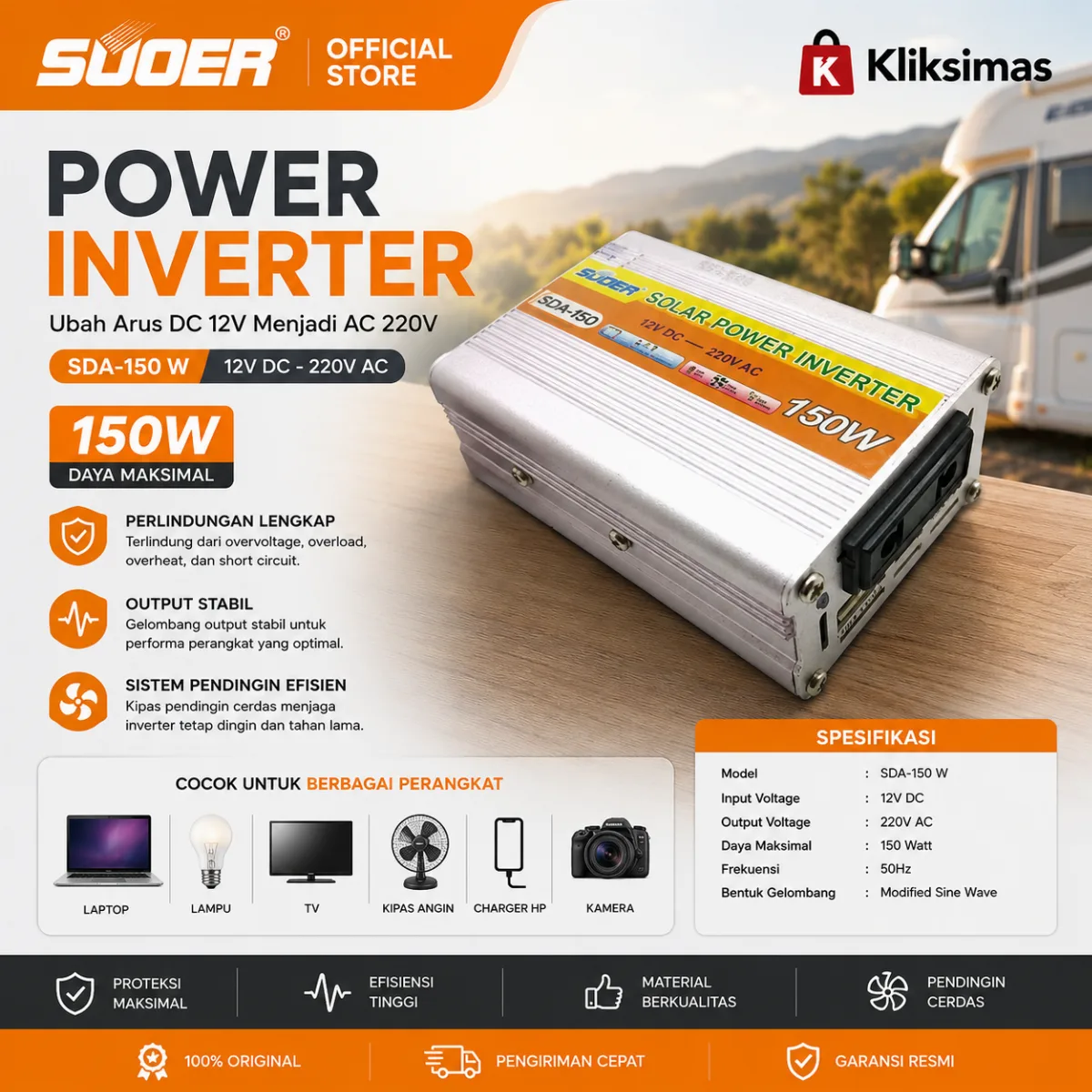 Power Inverter 150 Watt 12 volt (150w) SDA-150 W SUOER