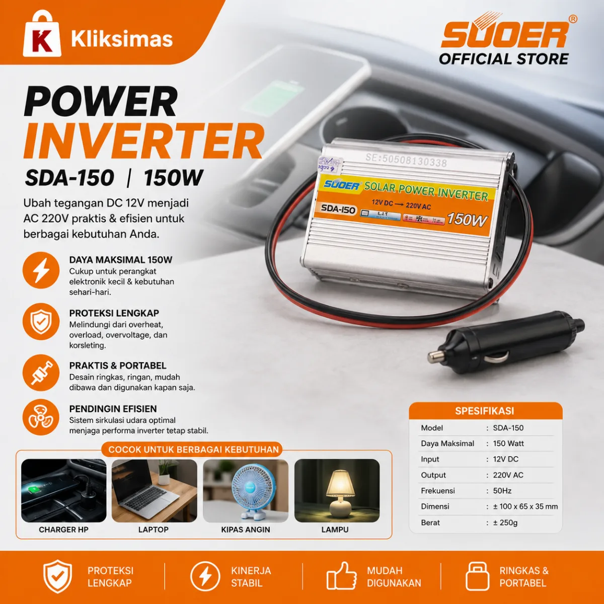 Power Inverter 150 Watt 12 volt (150w) SDA-150 W SUOER