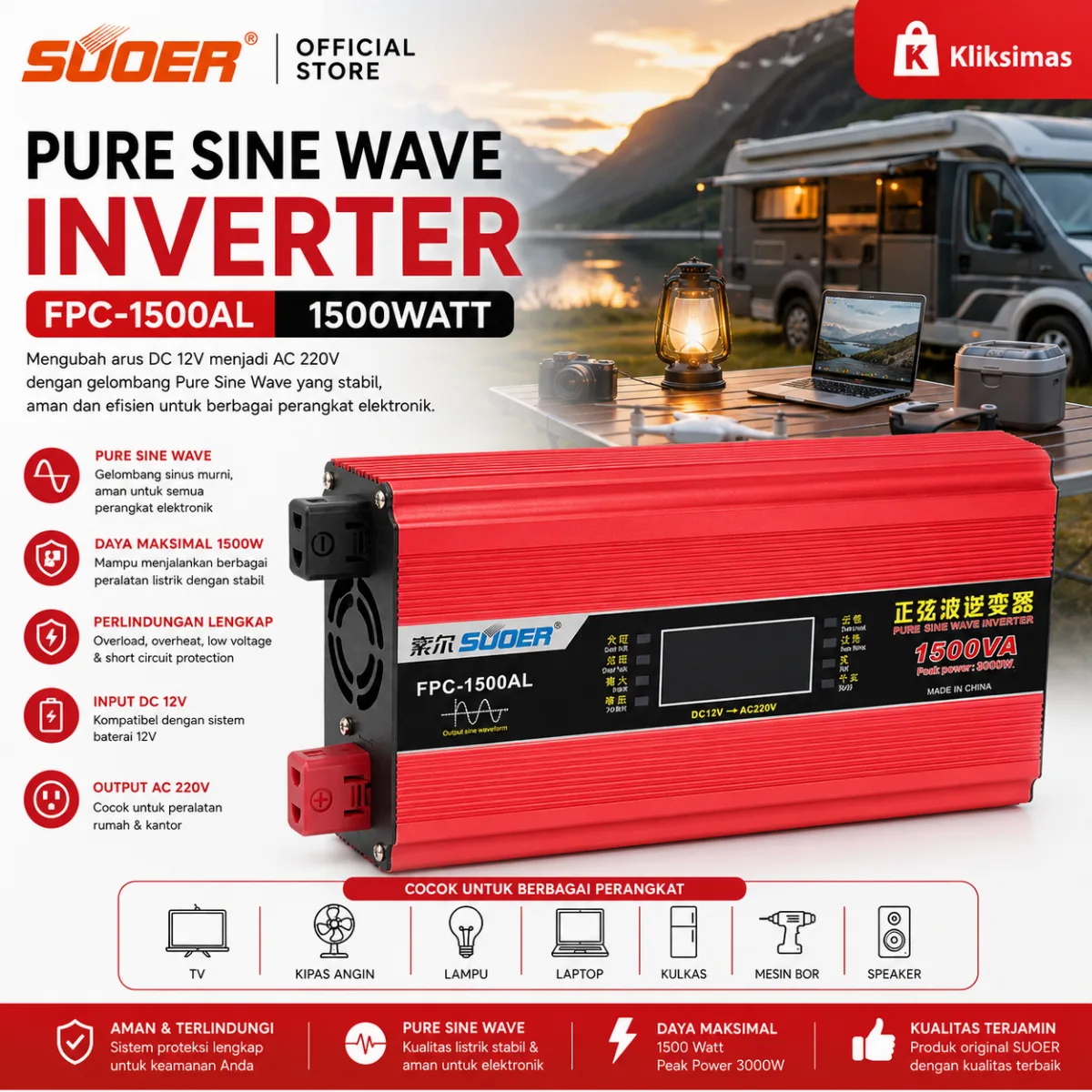 SUOER Inverter FPC-1500 Pure Sine Wave 1500 Watt