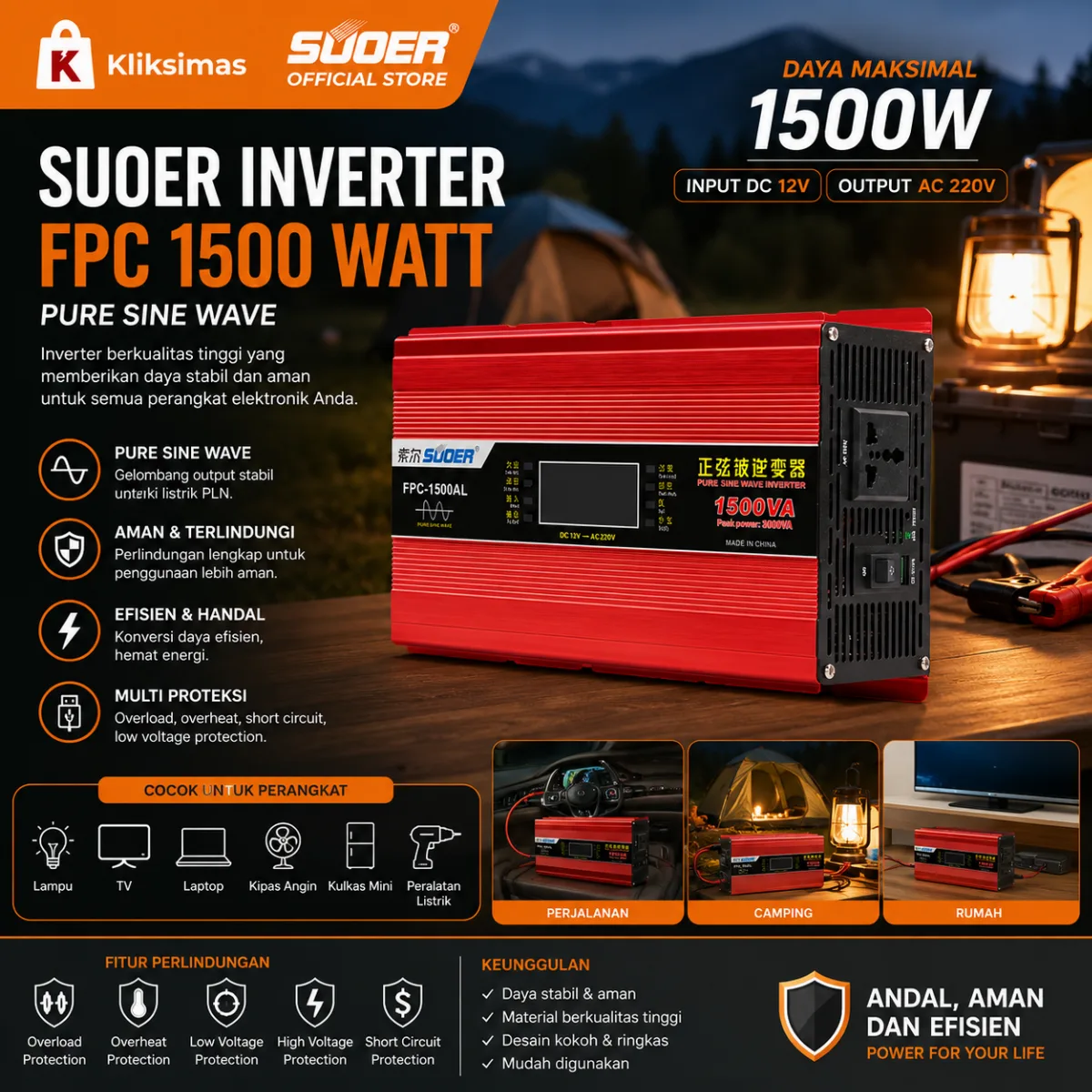 SUOER Inverter FPC-1500 Pure Sine Wave 1500 Watt
