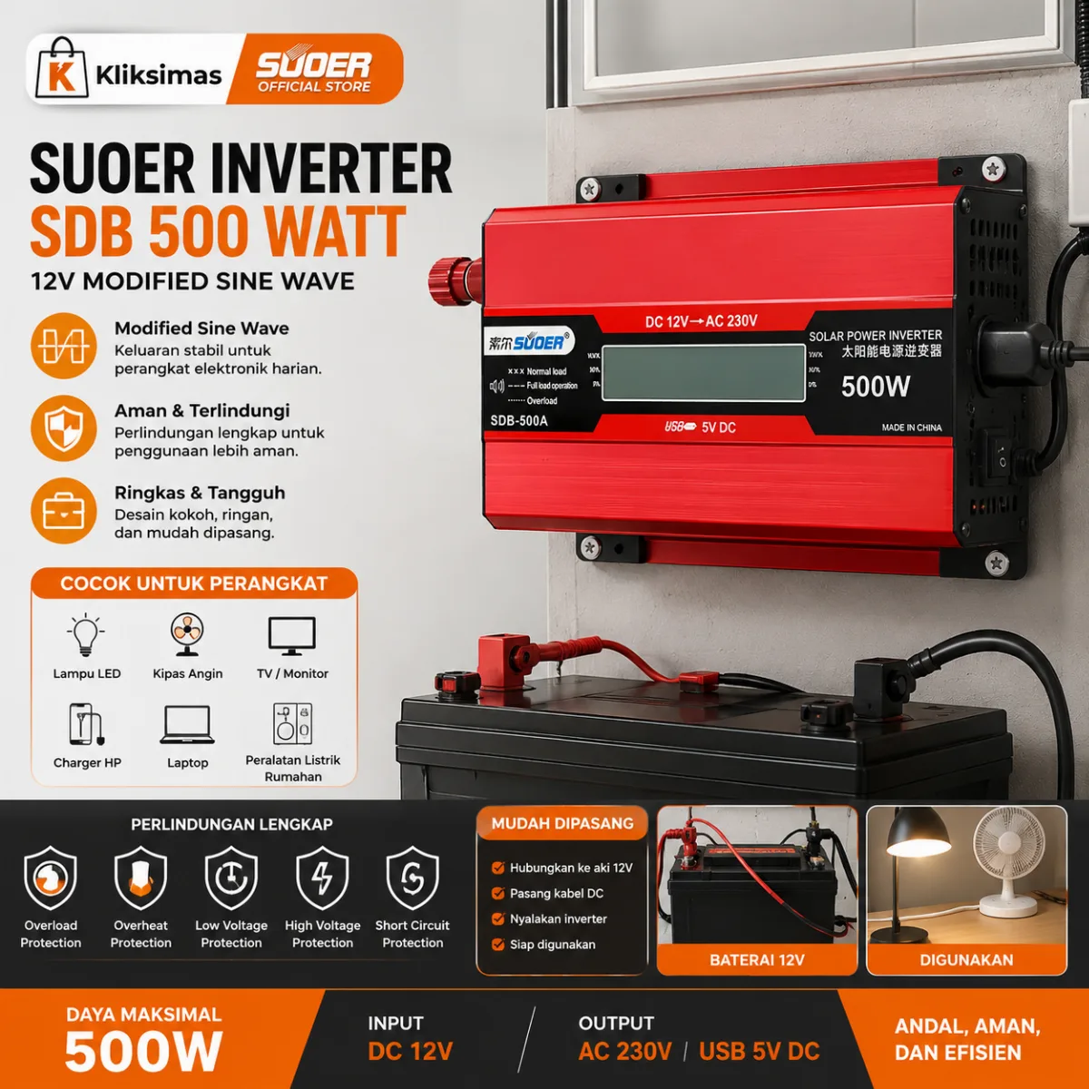 SUOER Inverter SDB-500W Modified Sine Wave 12V 500 Watt