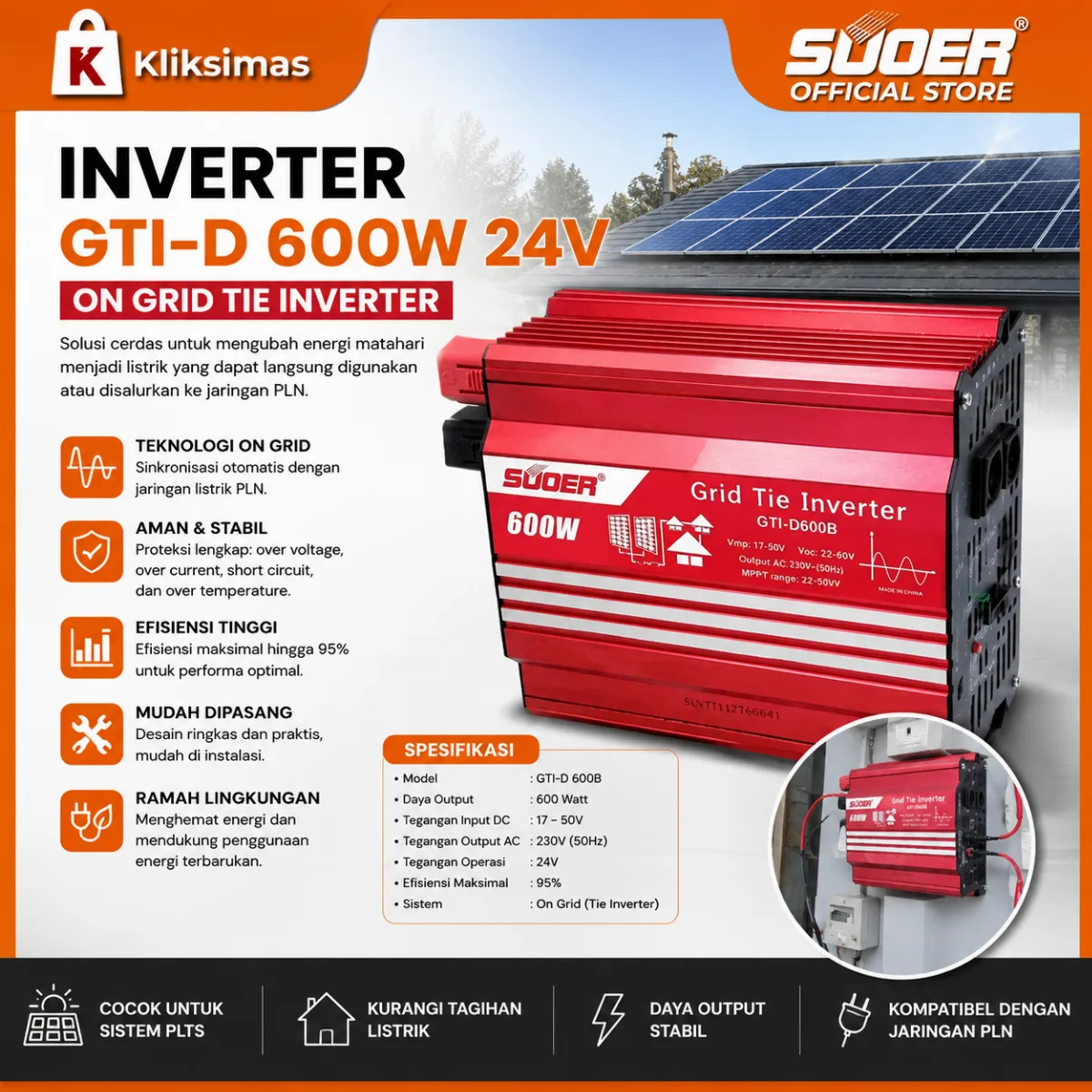 SUOER INVERTER GTI-D 600 WATT 24 VOLT (ON GRID)