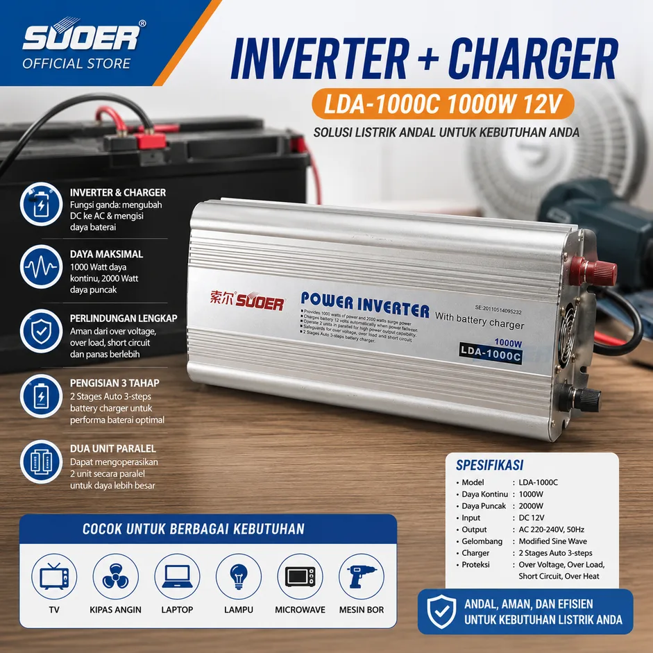 SUOER INVERTER + CHARGER LDA-1000C 1000 Watt 12 Volt MSW