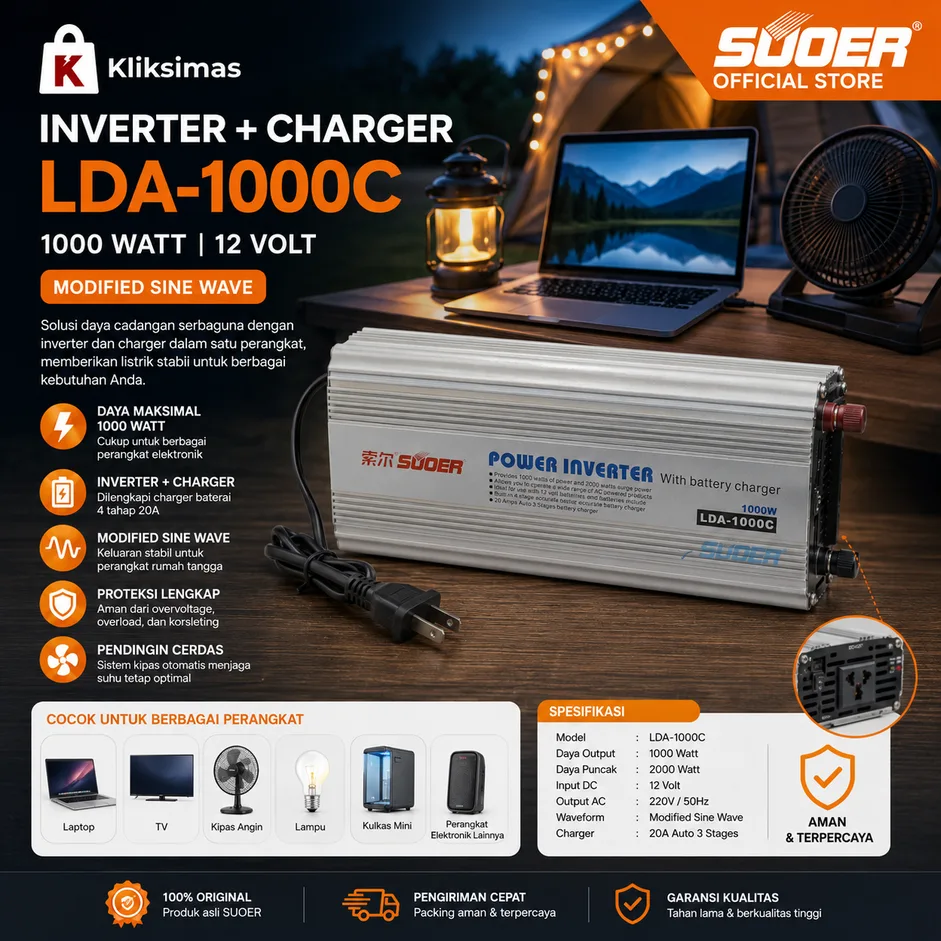 SUOER INVERTER + CHARGER LDA-1000C 1000 Watt 12 Volt MSW