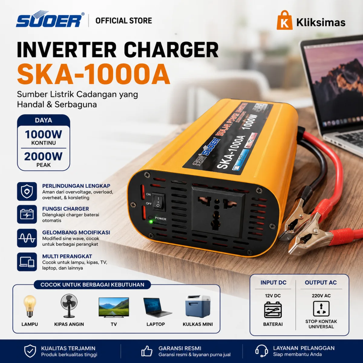 SUOER INVERTER CHARGER SKA 1000A 12V ke 220V