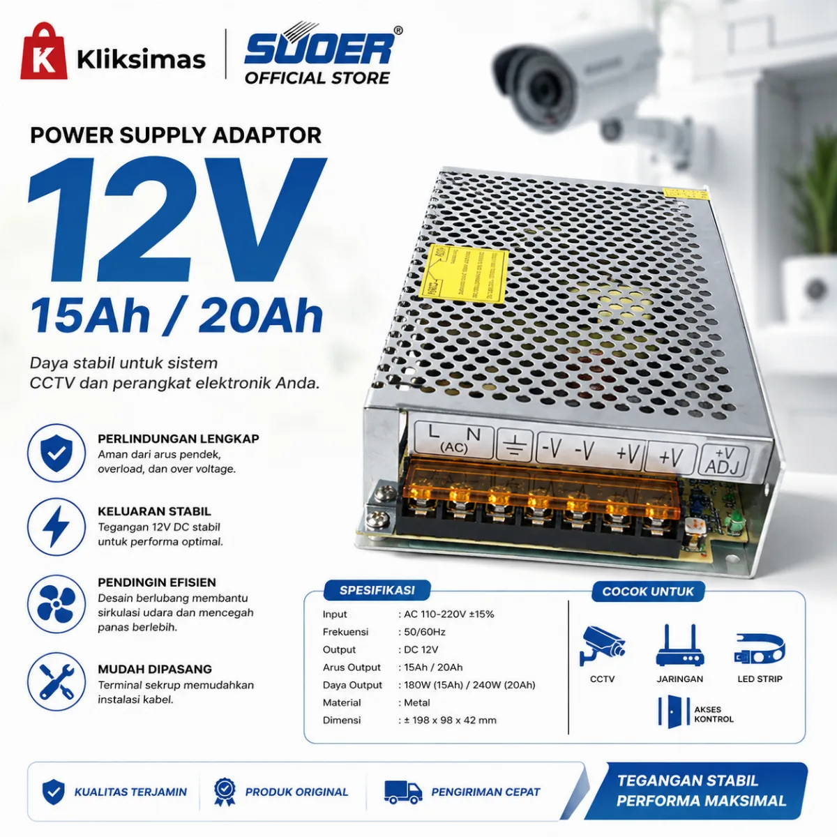 POWER SUPPLY ADAPTOR CCTV 12V 15Ah / 12V 20Ah